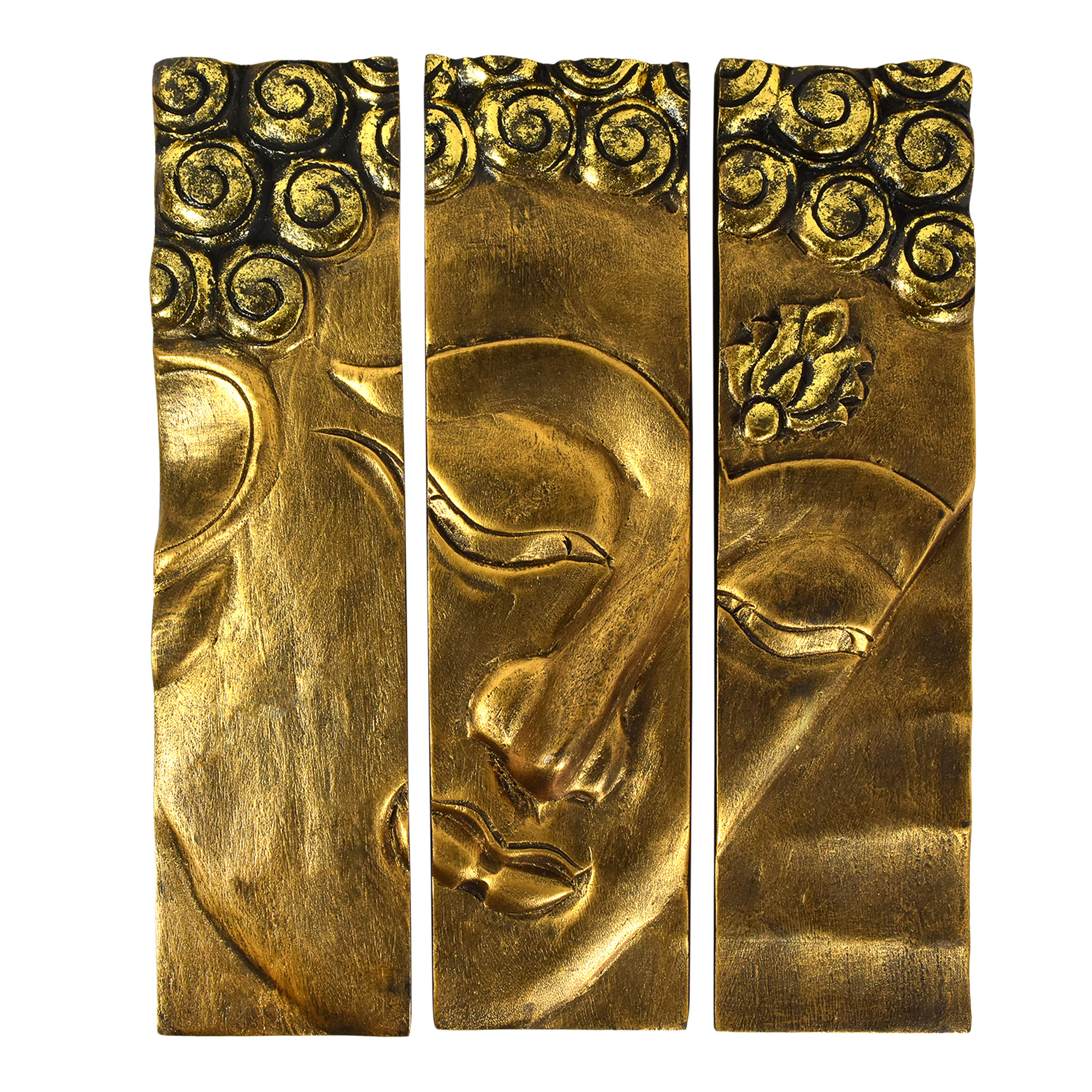 Golden Buddha Face Three Panel Hanging Handmade Wall Art 12x15 This Three Paneled Peaceful Buddha Face Is Masterfully Crafted By Local Thai Thanat From Environmentally Sustainable Reclaimed Rain Tree Wood