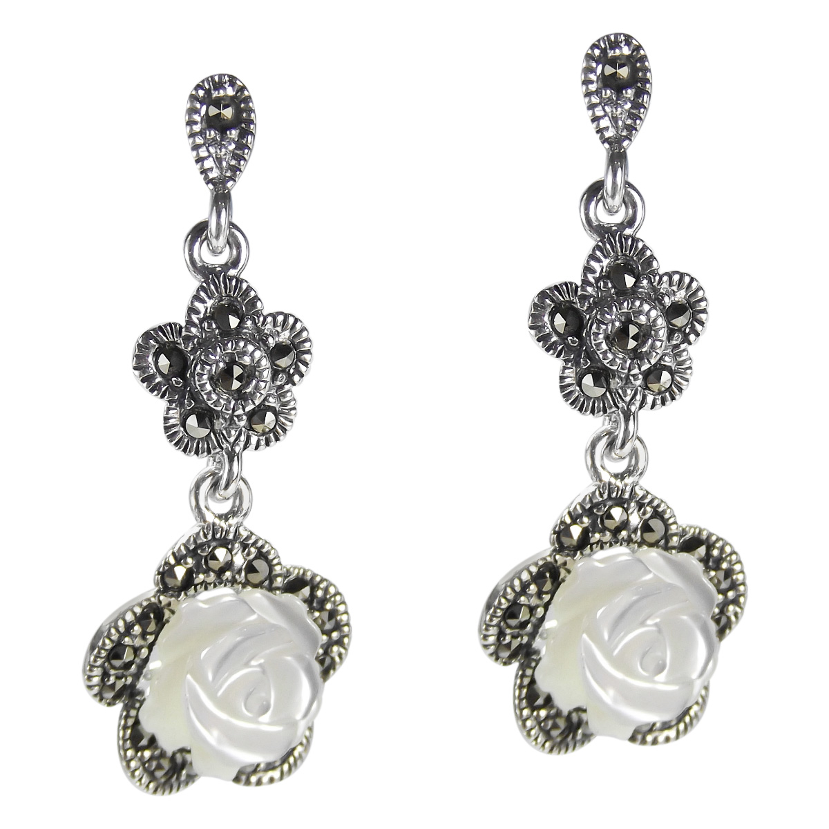 Vintage Rose Flower Carved Mop And Marcasite 925 Silver Drop Beautifully Carved Mother Of Pearl Form A Sweet Rose Design Set In Sterling Silver These Earrings Feature Marcasite Stones For Vintage And Sophisticated