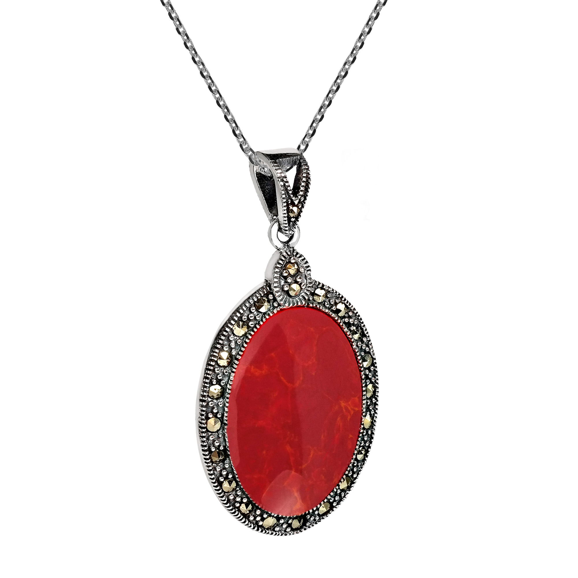 Vintage Inspired Oval Red Coral Marcasite Frame Sterling ...