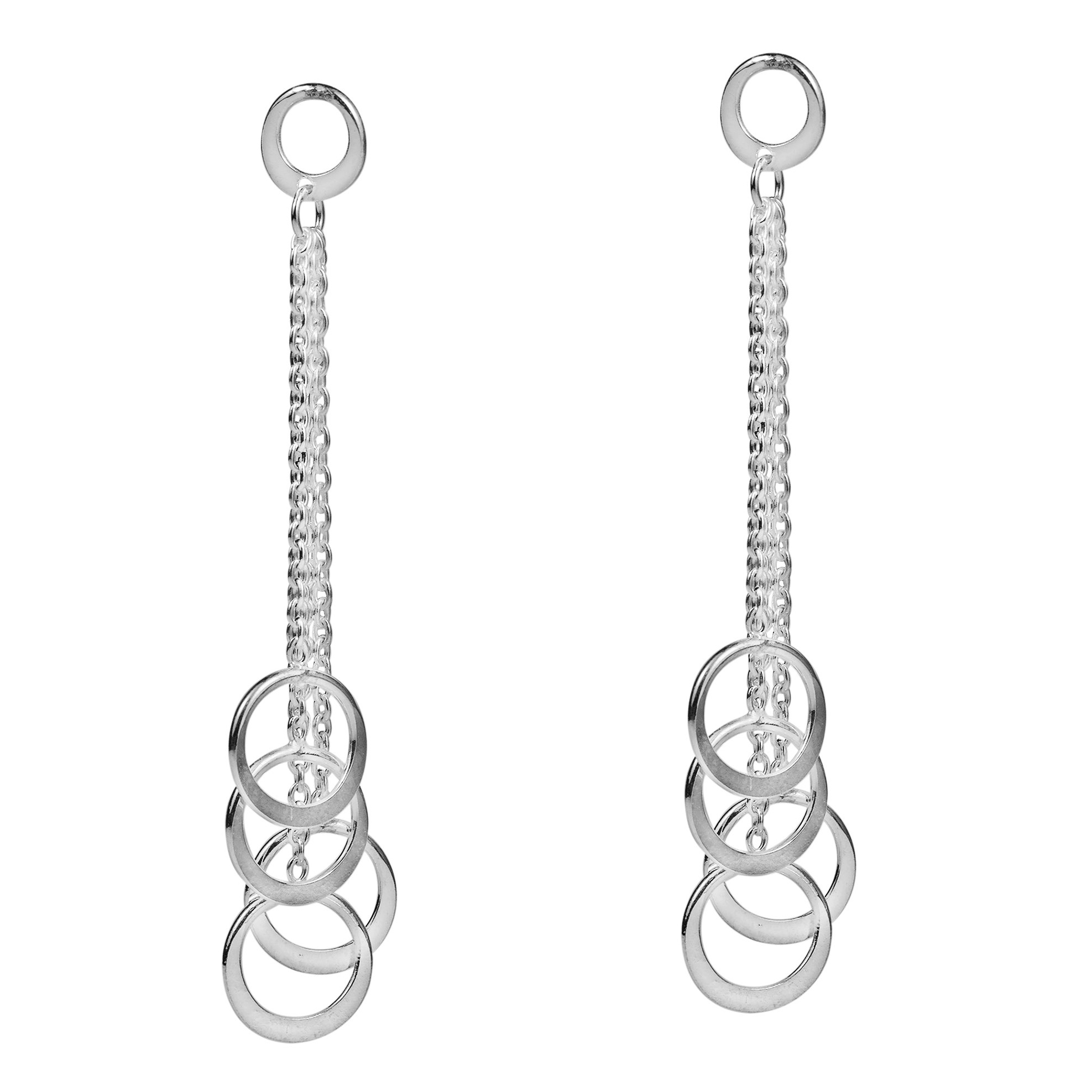 Long Tiered Donut Circle Strands 925 Silver Earrings Aeravida K Jai Handcrafted This Modern Sterling Silver Earring Set These Alluring Earrings Feature Four Donut Shaped Circles At The End Of Tiered Chain Link