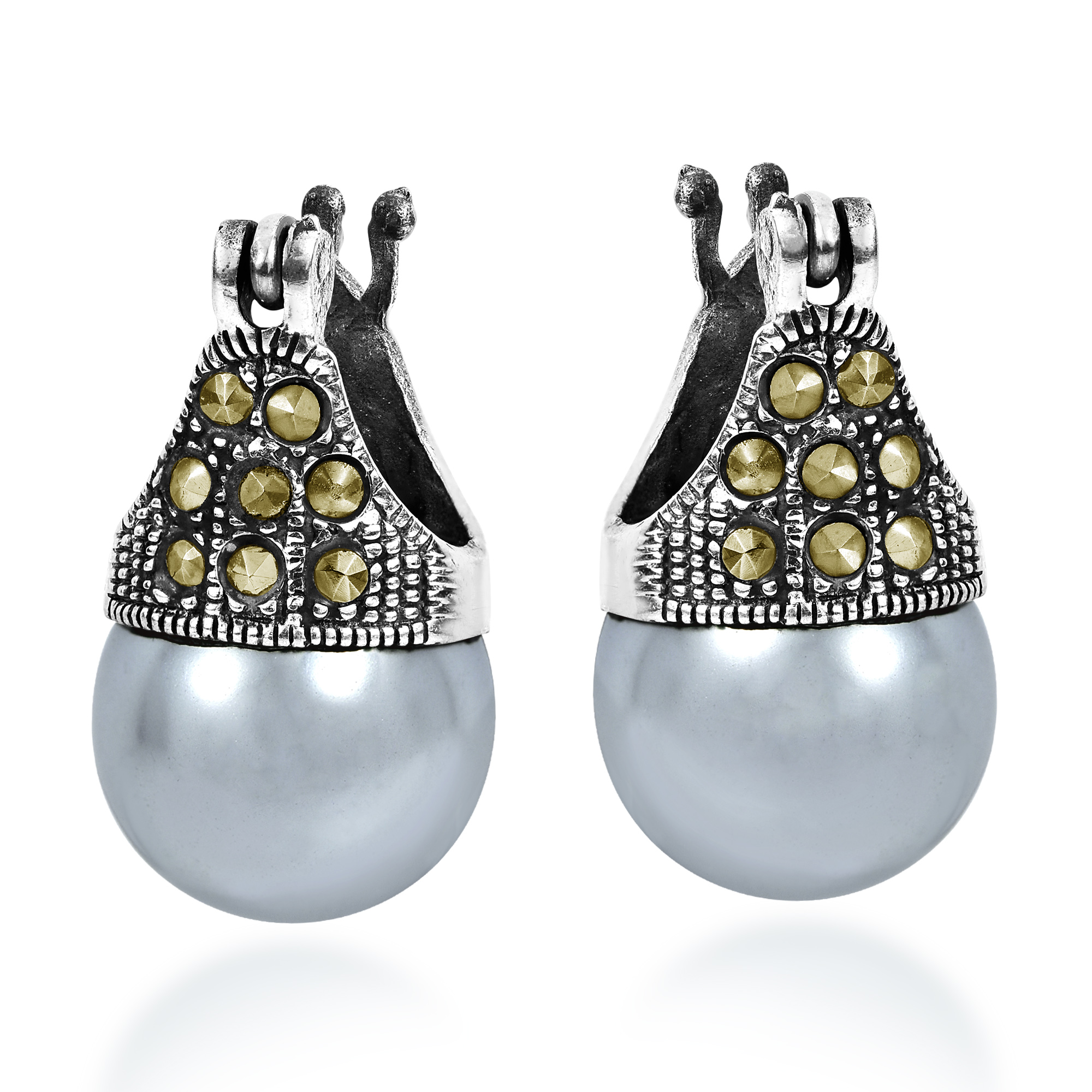 Vintage Flair Marcasite And Gray Pearl 925 Silver 12mm Earrings Add Some Vintage Flair To Your Style With These Exquisite Handmade Earrings From Thailand Feature A Round Stone Crowned Marcasite