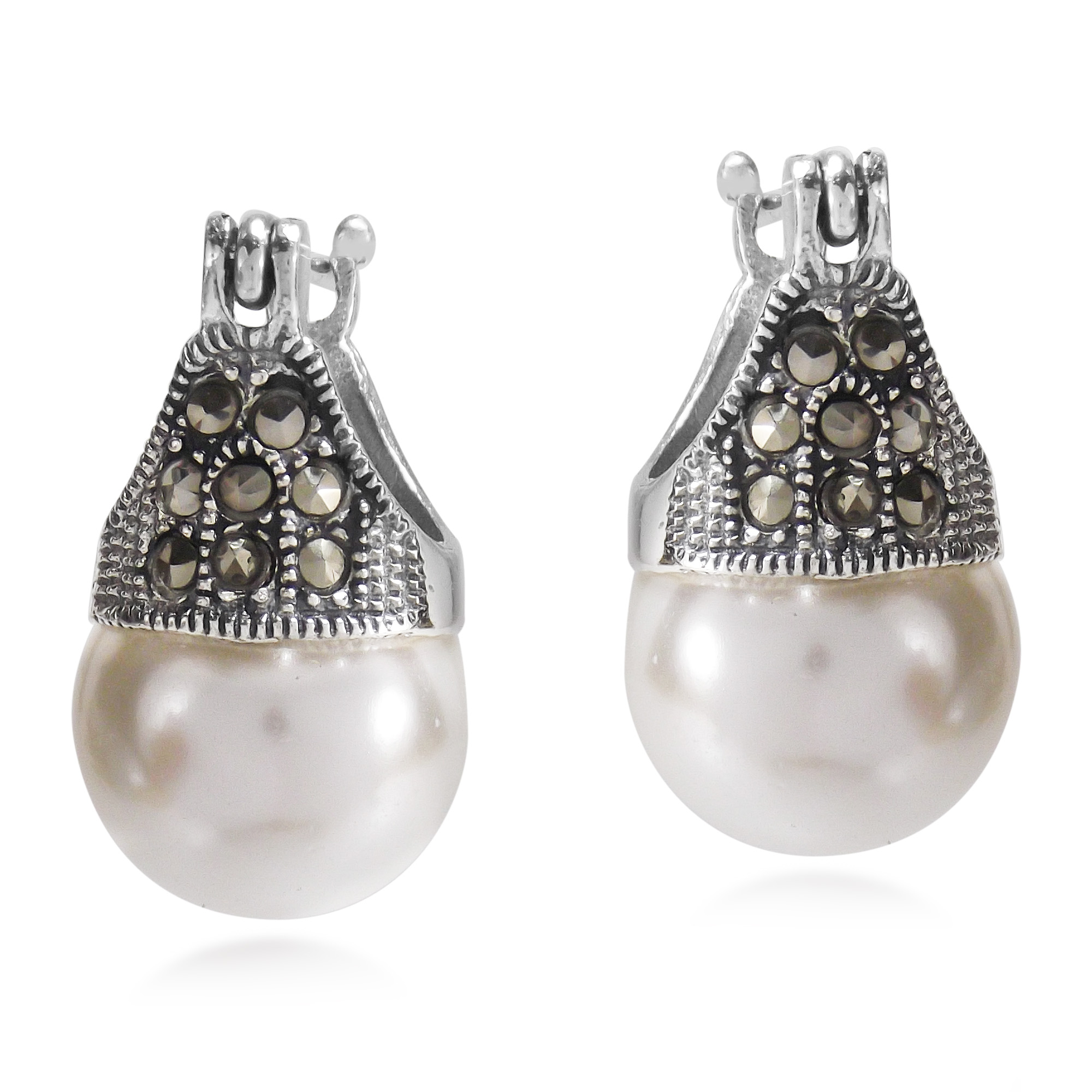 Vintage Flair Marcasite And Pearl 925 Silver 12mm Earrings Aeravida Product