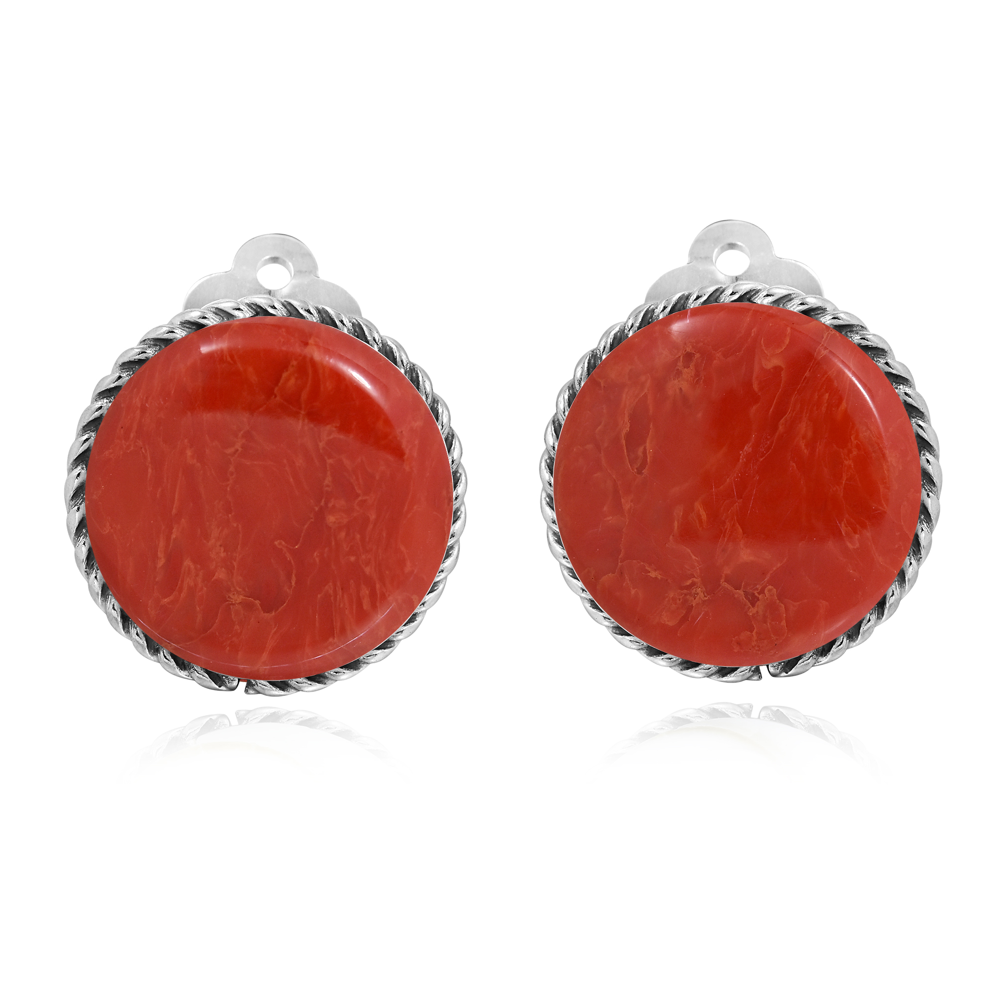 Clic 16mm Round Red C Botton Sterling Silver Clip On Earrings Khun Watsud From Thailand Handcrafted These Clic Sterling Silver Earrings The Design Features A Curly Oxidized Surrounded By