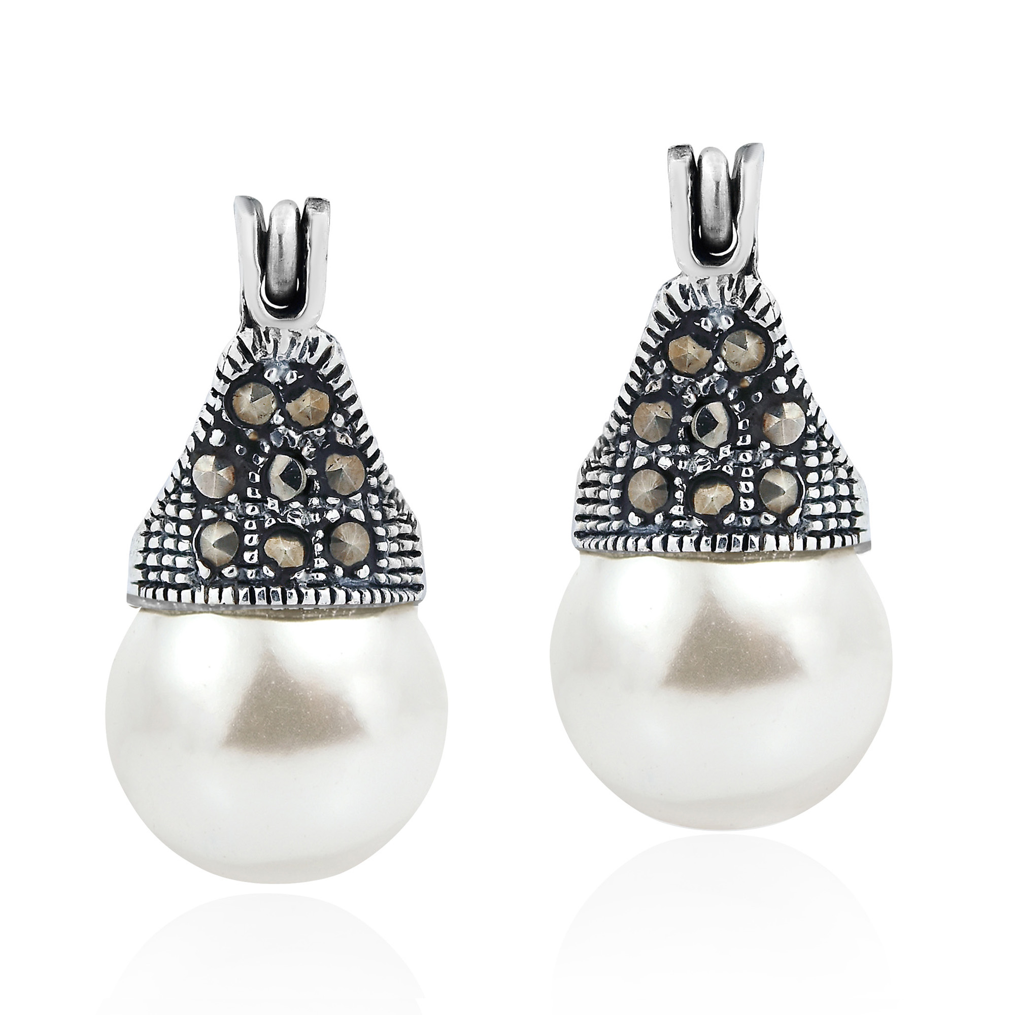 10mm White Pearl Pyrite Studded Crown Sterling Silver Dangle These Beautiful Dangle Earrings Will Make A Stylish Addition To Any Wardrobe This Unique And Vintage Design Features Colored Faux Pearl Depending On